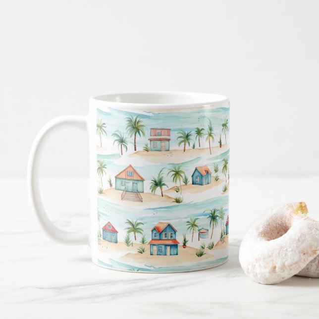 Caneca De Café Árvore Tropical de Palm, Oceano de Praia (Com Donut)