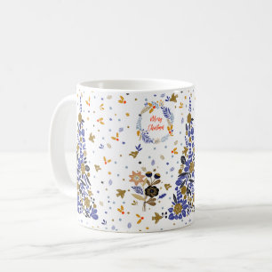 Caneca De Café Árvore Vintage Blue Christmas Bird Flowers