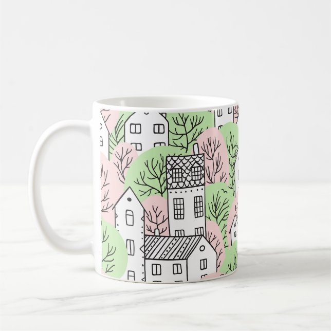 Caneca De Café Árvores, casas, paisagem primavera (Esquerda)