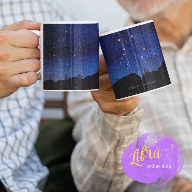 Caneca De Café Árvores da Noite Estrelada Libra Ouro Constelação  (Criador carregado)