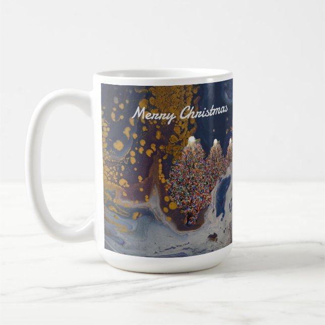 Caneca De Café Árvores de Natal Azuis e Douradas na Noite Mug (Esquerda)