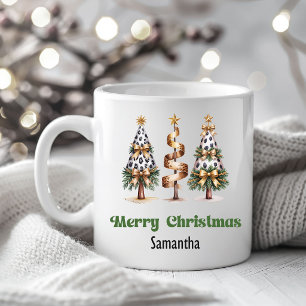 Caneca De Café Árvores de Natal de Leopardo Sofisticadas com Nome