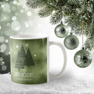 Caneca De Café Árvores de Natal e Flocos de Neve, ID863 Verde