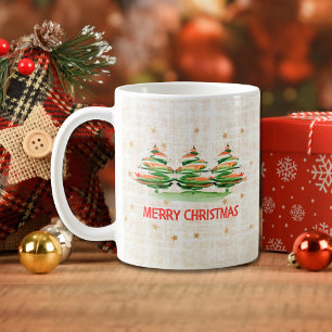 Caneca De Café Árvores de Natal em Aquarela em Linho – Feliz Nata