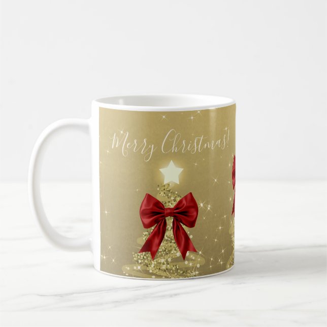 Caneca De Café Árvores de Natal em Ouro com Laços Vermelhos (Esquerda)