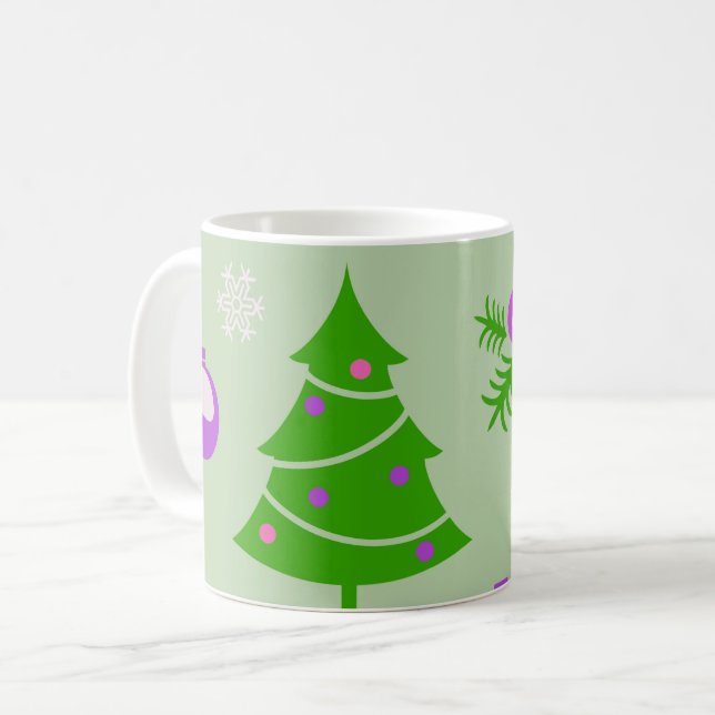 Caneca De Café Árvores de Natal Enfeites e Flocos de Neve Padrão  (Frente Esquerda)