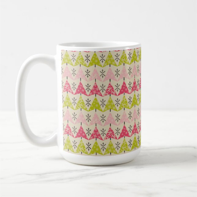 Caneca De Café Árvores de Natal rosa e verde com flocos de neve (Esquerda)