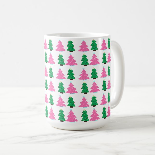 Caneca De Café Árvores de Natal Verdes e Rosa (Frente Esquerda)