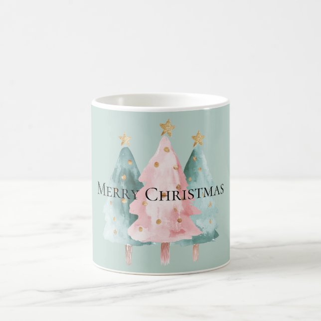 Caneca De Café Árvores de Natal Verdes, Rosa, Douradas, (Centro)