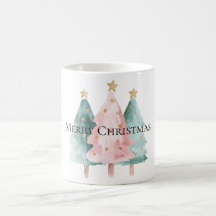 Caneca De Café Árvores de Natal Verdes Rosa, Douradas Estrelas