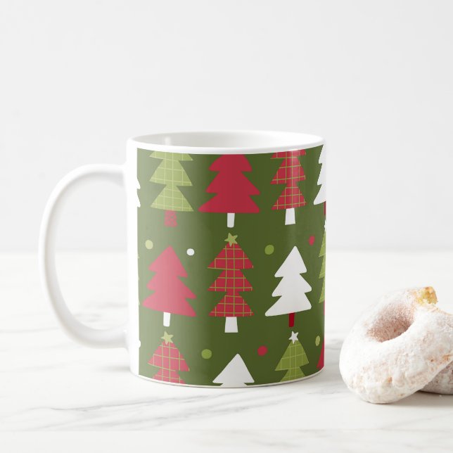 Caneca De Café Árvores de Natal Vermelhas Brancas e Verdes  (Com Donut)