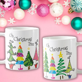 Caneca De Café Árvores de Natal Whimsical Palha Azul Cor-de-Rosa