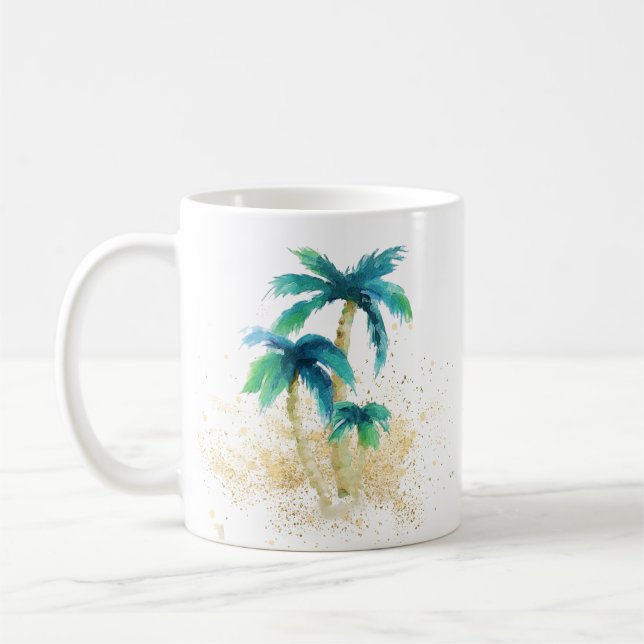 Caneca De Café Árvores de Palma de Aquarela Tropicais Douradas Ar (Esquerda)