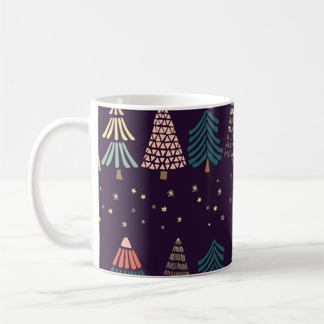 Caneca De Café Árvores de rabisco, estrelas, azul escuro. (Esquerda)