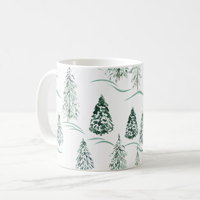 Caneca De Café Árvores natalinas de aquarela. Floresta de inverno (Frente Esquerda)