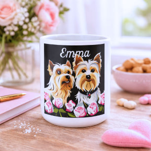Caneca De Café Assinatura de Yorkies e rosas rosa