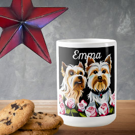 Caneca De Café Assinatura de Yorkies e rosas rosa