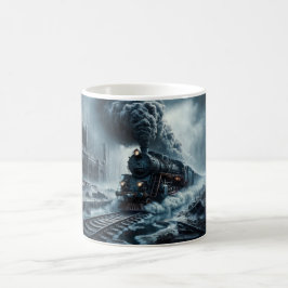 Caneca De Café Assombrando Comboio a Vapor Através de uma Cidade