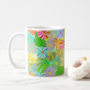 CANECA DE CAFÉ ASTER & CONE FLOWERS & TROPICAL LEAVES WATERCOLOR