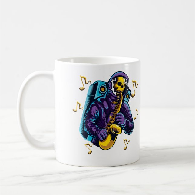 Caneca De Café Astronaut Shirt Skull Playing Saxophone In Space M (Esquerda)