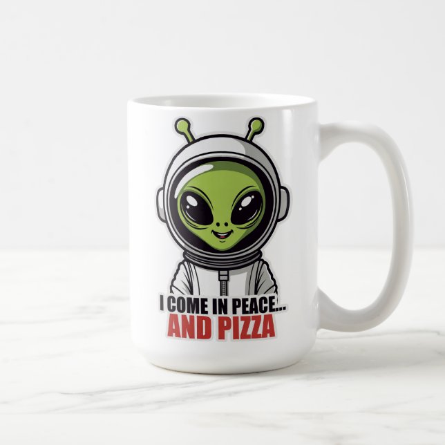 Caneca De Café Astronauta Alien Fofo "Venho em Paz e Pizza"  (Direita)