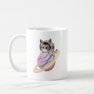 Caneca De Café Astronauta de Gato Espacial com Planeta Saturno