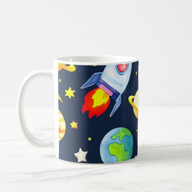 Caneca De Café Astronauta no Espaço Planetas e Foguetes Padrão (Esquerda)