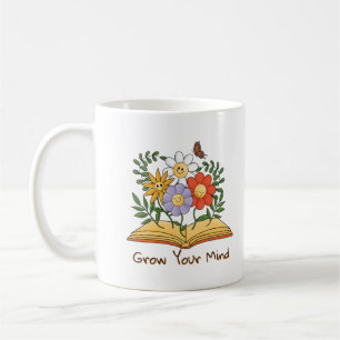 Caneca De Café Aumente seu livro mental Floral Vintage Lendo Flor