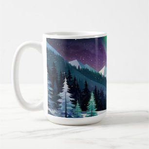 Caneca De Café Aurora Borealis 2D Mug   Floresta de Neve e Montan