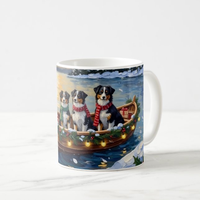 Caneca De Café Australian Shepherd Christmas Boat Holiday (Frente Esquerda)