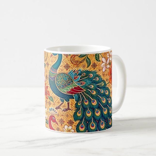 Caneca De Café Autêntico Ceylon Peacock Batik -Sri Lanka (Frente Esquerda)