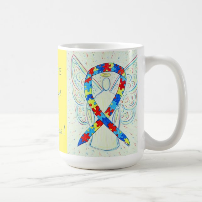 Caneca De Café Autismo Quebra-cabeça de consciência Ribbon Angel  (Direita)
