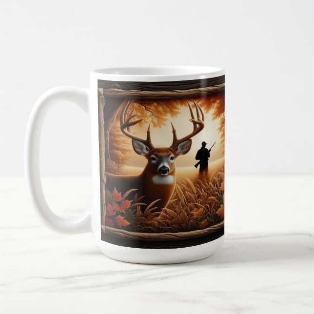 Caneca De Café Autumn Deer e Hunter Silhouette na Floresta (Esquerda)