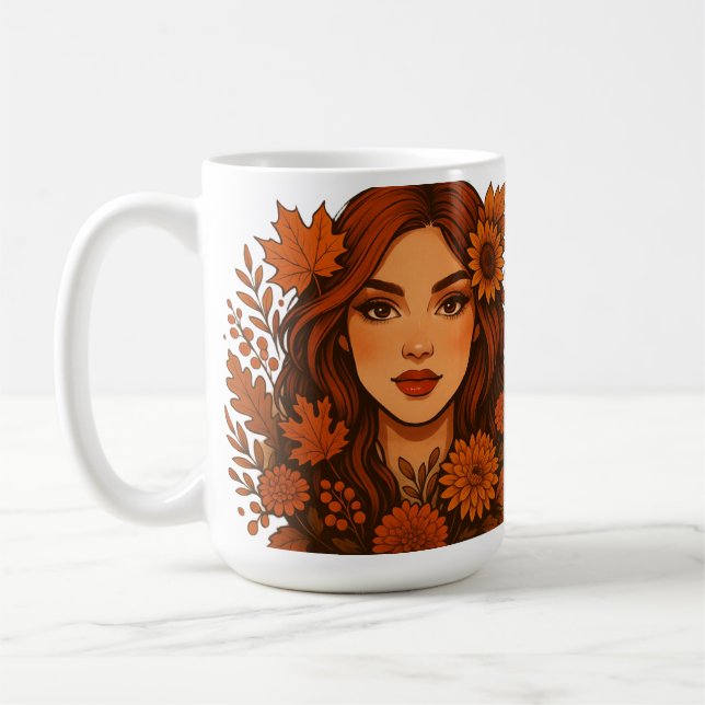 Caneca De Café Autumn Muse - Mulher com Flores de Queda (Esquerda)