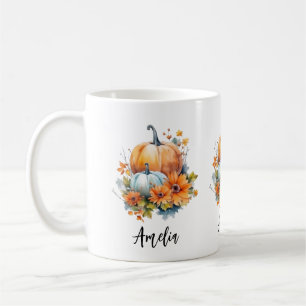 Caneca De Café Autumn Pumpkins com Flores e Folhagem