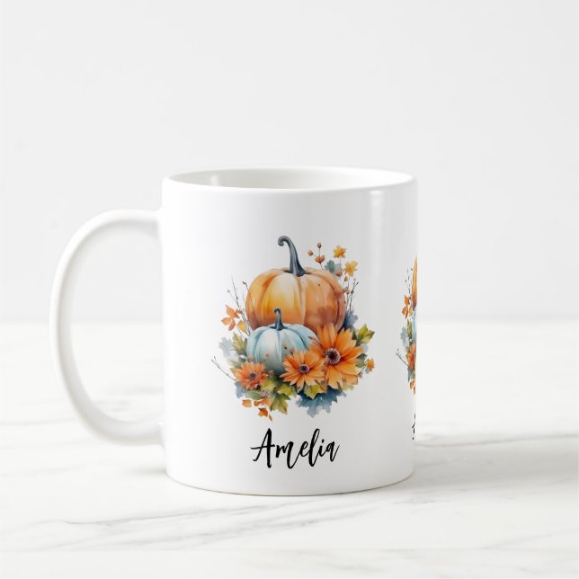 Caneca De Café Autumn Pumpkins com Flores e Folhagem (Esquerda)