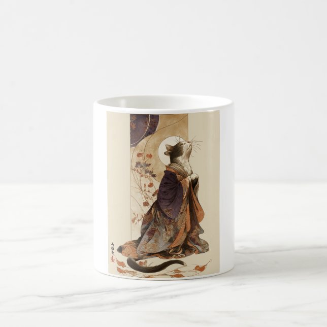 Caneca De Café "Autumn Reverie" Japanese Cat in Kimono Art (Centro)