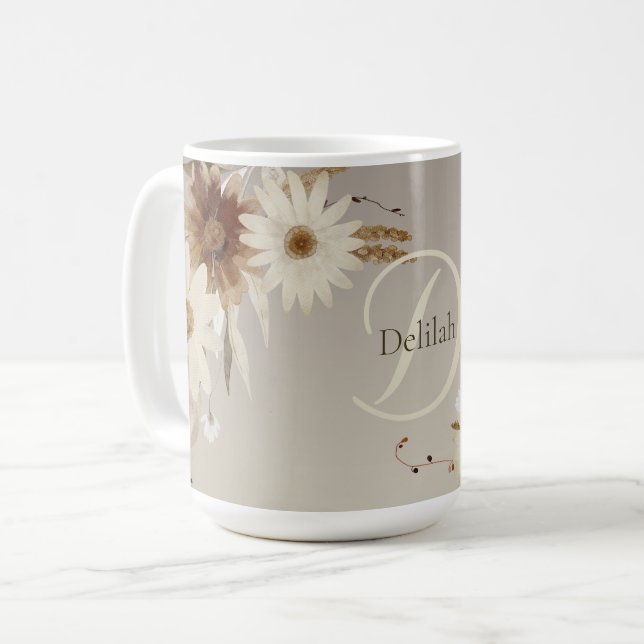 Caneca De Café Autumn Watercolor Floral Monograma Personalizado (Frente Esquerda)