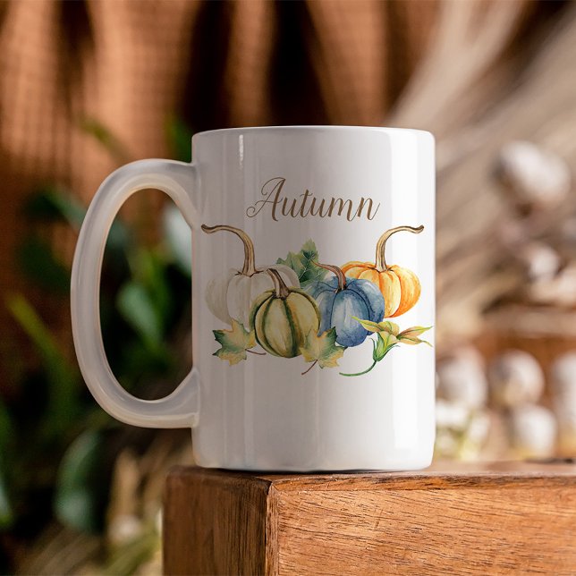 Caneca De Café Autumn Watercolor Pumpkins (Beautiful watercolor pumpkins in shades of blue, green, orange, and white are featured on this mug)