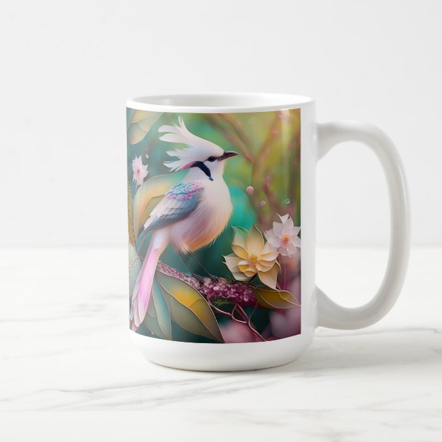 Caneca De Café Ave de Fantasia Jay com Crista Branca e Cauda Rosa (Direita)