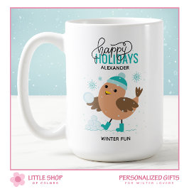 Caneca De Café Ave de Inverno Brincando na Neve Personalizado