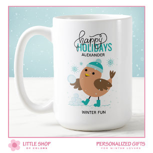 Caneca De Café Ave de Inverno Brincando na Neve Personalizado