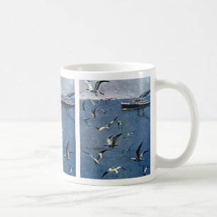 Caneca De Café Aves Animais Antigos, Gaivotas e Barcos de Pesca