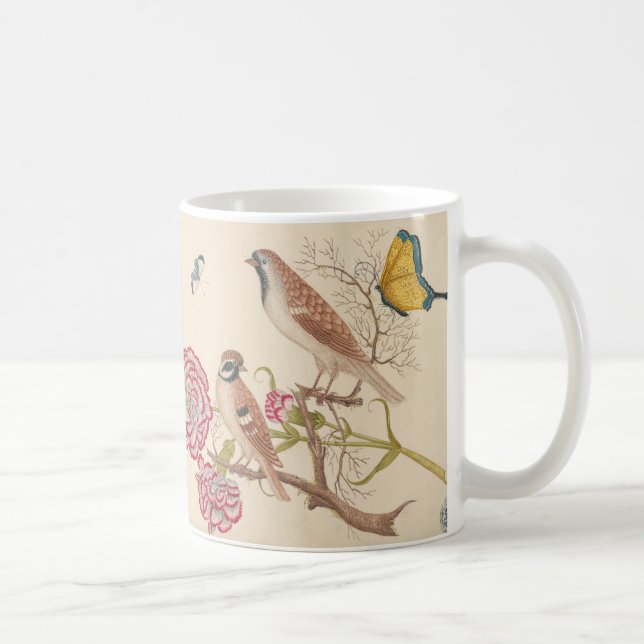 Caneca De Café Aves castanhas com cravos e borboletas (Direita)