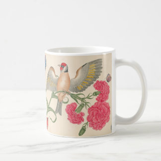 Caneca De Café Aves com cabeça vermelha, cravos e borboletas
