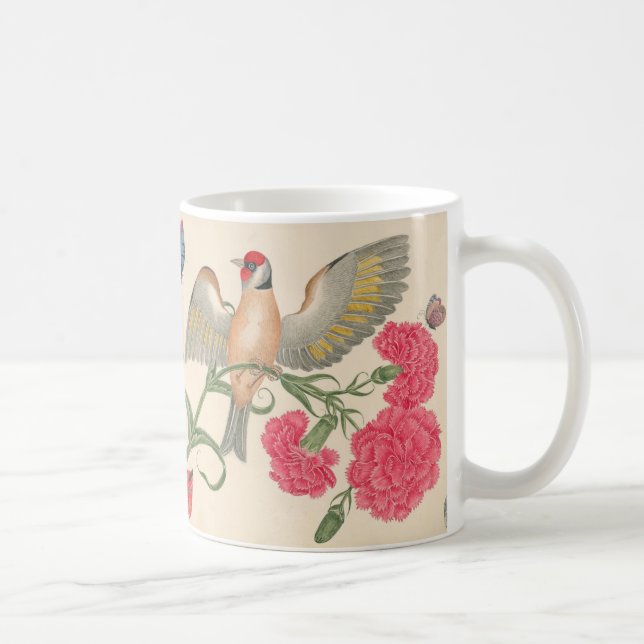 Caneca De Café Aves com cabeça vermelha, cravos e borboletas (Direita)