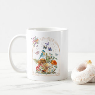 Caneca De Café Aves de Cottagecore, Cogumelos e Borboletas