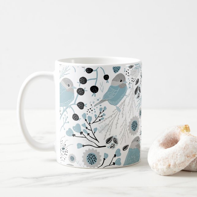 Caneca De Café Aves de frango Cinza azul-esbranquiçada Flores de  (Com Donut)