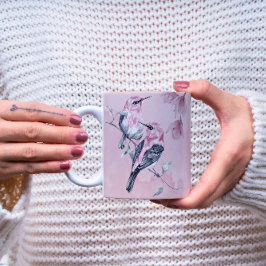 Caneca De Café Aves e Florais Rosa em Aquarela