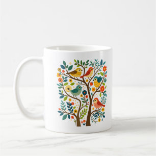 Caneca De Café Aves e Flores Arte Folclórica Escandinava